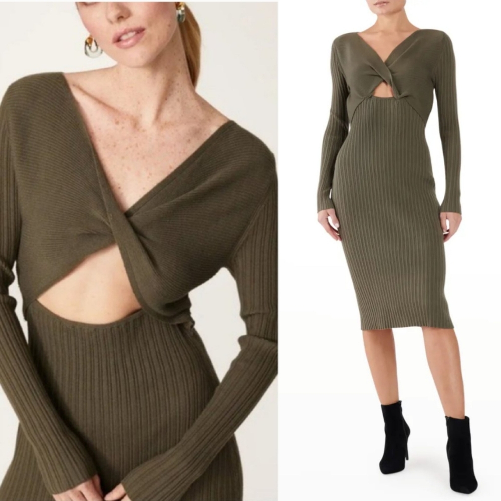 Ramy Brook Pilar Dress Knitted Midi Twist Front Olive Green Small